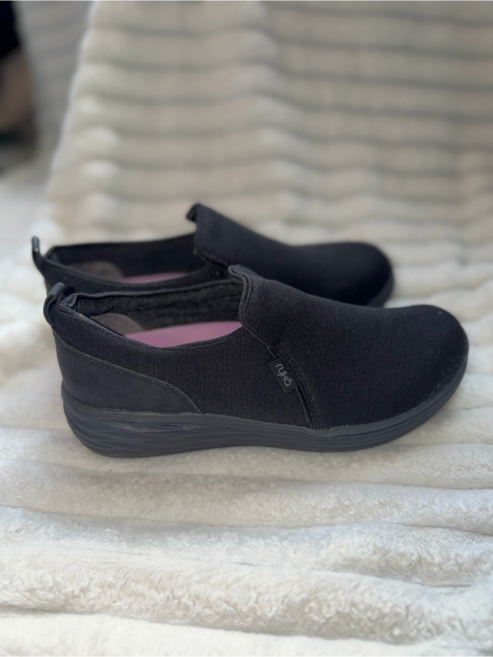 Ryka Black Slip-On Flats with Purple Insoles